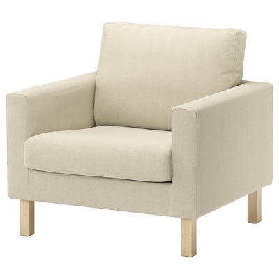 SALTSJÖBADEN beige Stuhl, weicher Stoff, quadratische Form, helle Holzbeine.