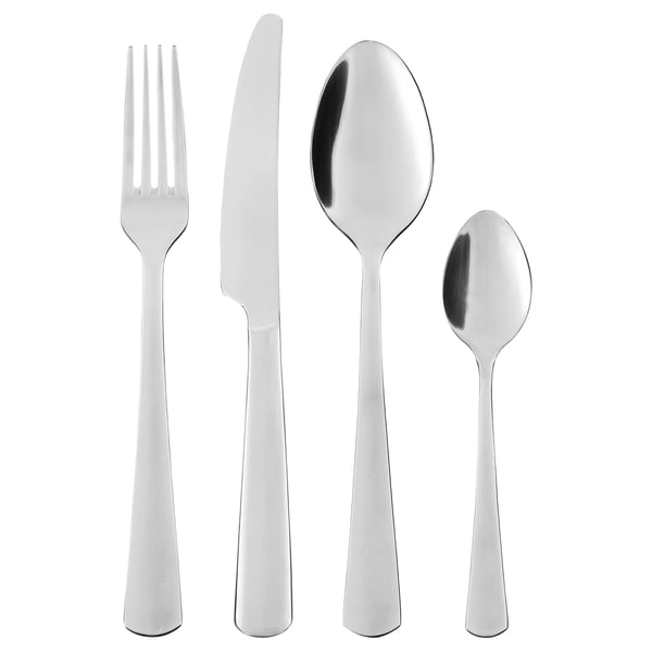 Besteckset aus poliertem Silber, klares modernes Design; Inklusive Gabel, Messer, großem Löffel, kleinerem Löffel, alles aus Edelstahl.