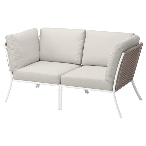 Moderne Outdoor-Sektion: SEGERÖN, weiß, Metall, Korbgeflecht, leichter Stoff, L-Form.