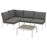 Moderne Außensektion in Dunkelgrau mit Eckschrank und Couchtisch mit weißen Metallgestellen.