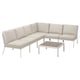 Moderne Außensektion mit Couchtisch, hellbeigen Kissen, Metallrahmen. Eckdesign für die Terrasse.