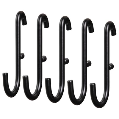 Dieses Bild SKÅDIS schwarze Haken aus pulverbeschichtetem Stahl, die für die Organisation von Gegenständen auf einer Stecktafel konzipiert sind und ein schlankes und funktionales Design aufweisen.