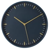Runde blaue Uhr mit goldenen Zeigern, geräuscharmes Quarzwerk.
