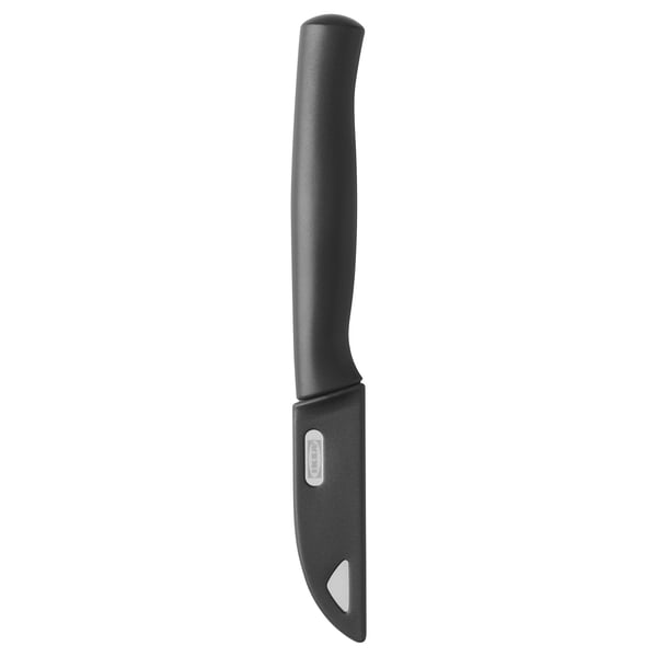 Ein SKALAD Gemüsemesser mit schwarzem Griff und Klinge aus rostfreiem Stahl. Er verfügt über einen Kantenschutz und ist für präzise Schneidaufgaben ausgelegt.