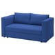 Ein blaues SKÖNABÄCK Schlafsofa mit einem schlanken, modernen Design. Es hat eine glatte Stoffoberfläche und eine kompakte rechteckige Form.