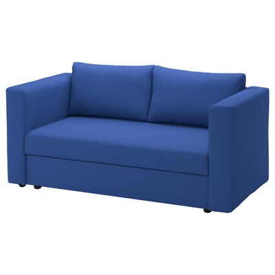 Ein blaues SKÖNABÄCK Schlafsofa mit einem schlanken, modernen Design. Es hat eine glatte Stoffoberfläche und eine kompakte rechteckige Form.
