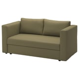 Olivgrünes Schlafsofa, kompaktes Design mit Armlehnen, bietet Stauraum und lässt sich in ein Bett verwandeln.