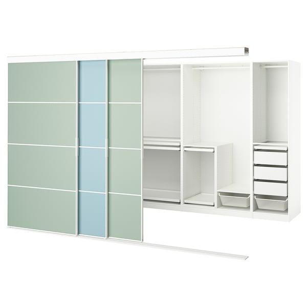 SKYTTA Kleiderschrank, weiß, mattgrün getönte Türen, blaue Mitte, mehrere Fächer.