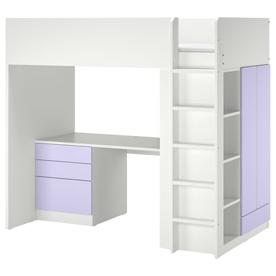 Ein Hochbett von IKEA SMÅSTAD in Weiß mit violetten Akzenten, mit Schreibtisch, Schubladen und Regalen.