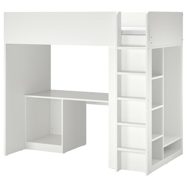 Weißes SMÅSTAD Hochbett mit Schreibtisch, Regalen und Stauraum. Modernes, minimalistisches Design für kleine Räume.