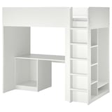Weißes SMÅSTAD Hochbett mit Schreibtisch, Regalen und Stauraum. Modernes, minimalistisches Design für kleine Räume.