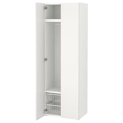 Weißer SMÅSTAD-Kleiderschrank, schmales Design, verstellbare Füße, sanft schließende Türen, Hänge- und Regalaufbewahrung.
