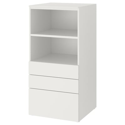 Weißes SMÅSTAD Bücherregal mit 3 Schubladen und 2 offenen Regalen zur Aufbewahrung.