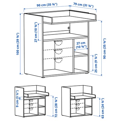 Weißer SMÅSTAD Wickeltisch, rechteckig, 3 offene Regale, minimalistisches, klares Design.