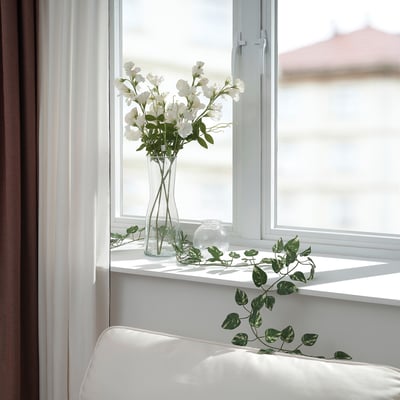 Eine Fensterbank mit weißen Blumen in einer durchsichtigen Vase und einer gewundenen grünen Pflanze aus recyceltem Kunststoff, geeignet für den Innen- und Außenbereich.