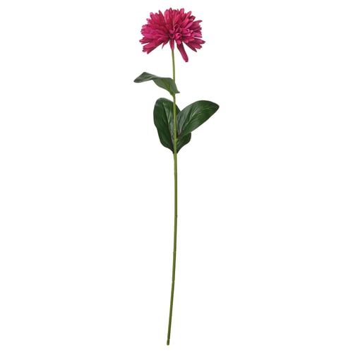 Einzelne leuchtend rosa künstliche Dahlienblüte mit grünen Blättern, die an einem flexiblen, recycelbaren Kunststoffstiel befestigt sind.