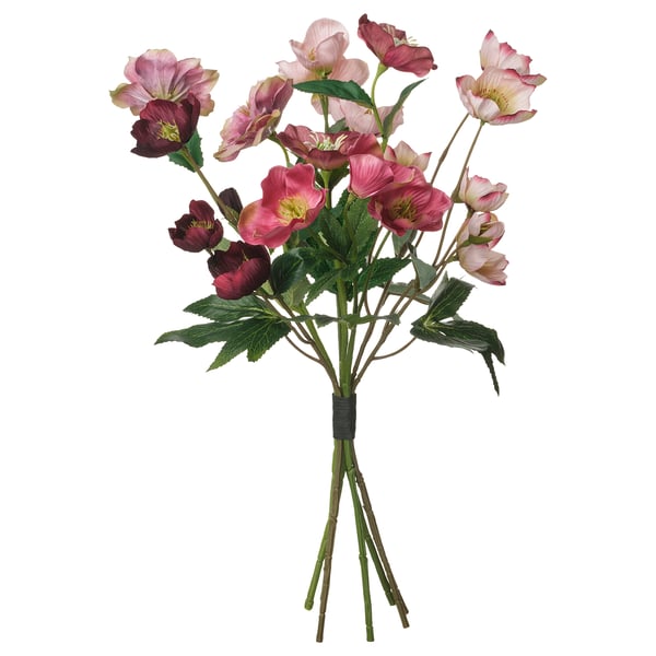 SMYCKA-Strauß: rosa Blüten, grüne Blätter, recycelte Materialien.