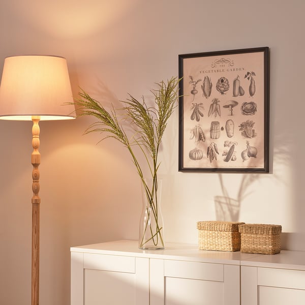 Gemütliche Ecke mit Lampe, Körben, Pflanzenillustration und umweltfreundlicher Pflanze.