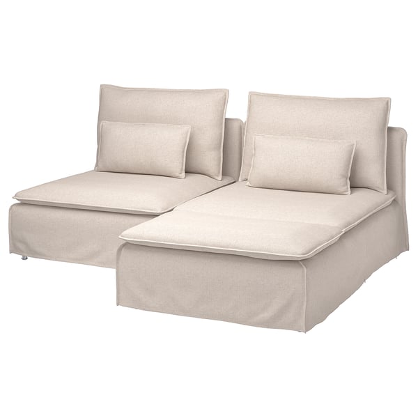 SÖDERHAMN beiges Sofa: modernes, L-förmiges, tiefes Sitzen mit abnehmbaren Kissen, leichter Stoffbezug, entspanntes Design.