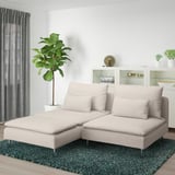 Beige SÖDERHAMN Sektionssofa mit Kissen, Metallbeinen, Pflanze und Teppich in gemütlichem Raum.