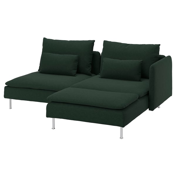 SÖDERHAMN dunkelgrünes L-förmiges Sofa, modernes Design, tiefe Sitze, Metallbeine, lose Kissen.