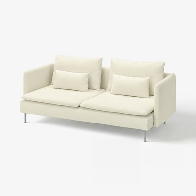 SÖDERHAMN Ecksofa aus cremefarbenem Stoff mit klaren Linien, niedrigem Profil und abnehmbaren Kissen.