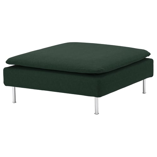 Dunkelgrüner quadratischer Fußhocker, verchromte Beine, modernes Design.