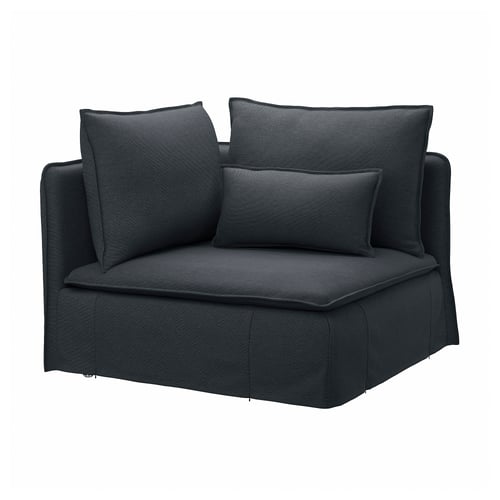 Ein graues SÖDERHAMN Ecksofa mit drei Kissen aus Baumwolle und Polyestergewebe.