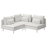 Modernes weißes L-förmiges Sofa mit verchromten Beinen, mit weichen Kissen und schlankem Design.