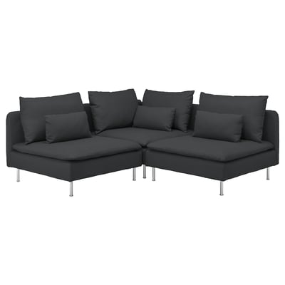 SÖDERHAMN dunkelgraues L-förmiges Sofa, modern mit tiefen Kissen. Robust, schlank mit Metallbeinen.