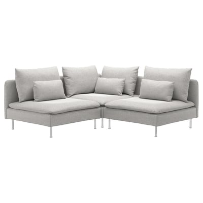 Dieses Bild zeigt ein hellgraues Ecksofa von SÖDERHAMN mit schlankem, modernem Design und weichen Kissen für mehr Komfort.