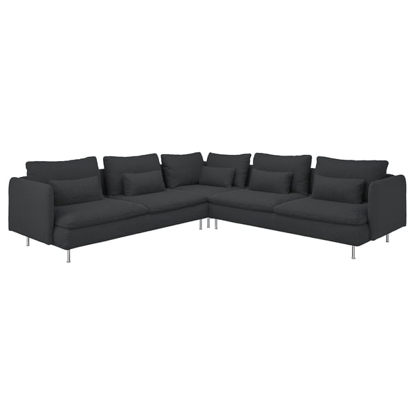Dunkelgraues L-förmiges Sofa mit 8 Kissen, schlanken Metallbeinen und Plüschpolsterung.