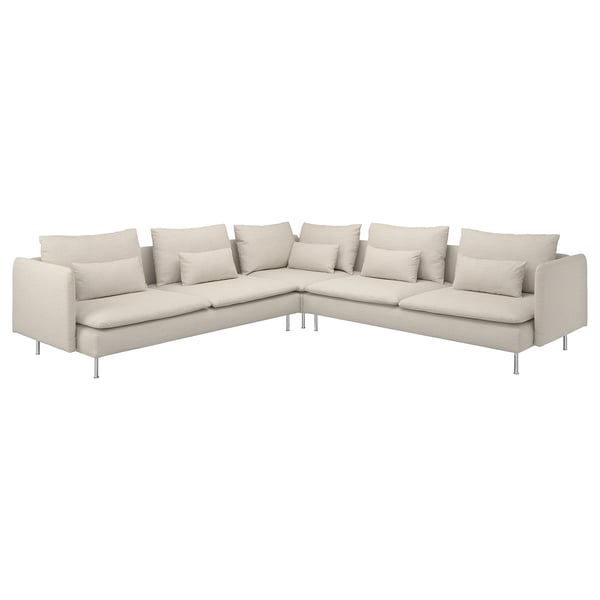 Mieten Sie ein hellbeiges 3-Sitzer-Sofa mit Metallbeinen, mehreren Kissen, schlankem Design