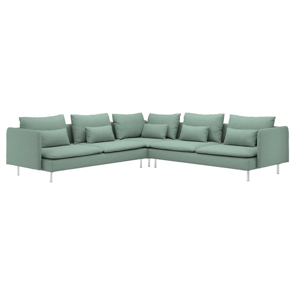 Großes L-förmiges SÖDERHAMN Sofa aus grünem Stoff mit Beinen und Kissen aus Metall.