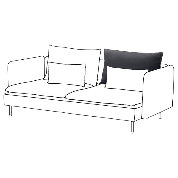 Weißes Sofa SÖDERHAMN mit dunkelgrauen Kissen, schlanken Beinen, minimalistischem Design.