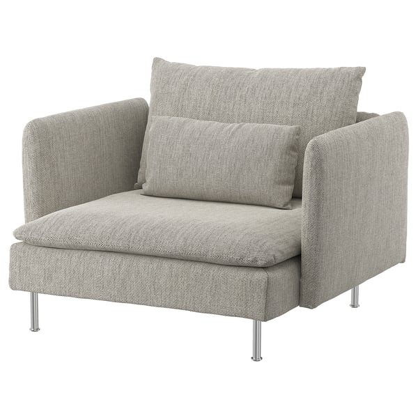 SÖDERHAMN Sessel aus grauem Stoff, modernes Design mit tiefen Sitzflächen und hohen Metallbeinen.