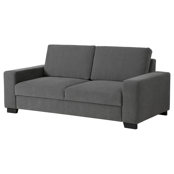 Modernes graues Stoffsofa, quadratische Kissen, minimalistisches Design.