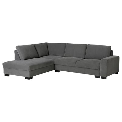 Ein graues SÖRVALLEN L-förmiges Sofa mit modernem, minimalistischem Design. Es hat einen bequemen, tiefen Sitz und eine abgewinkelte Rückenlehne.