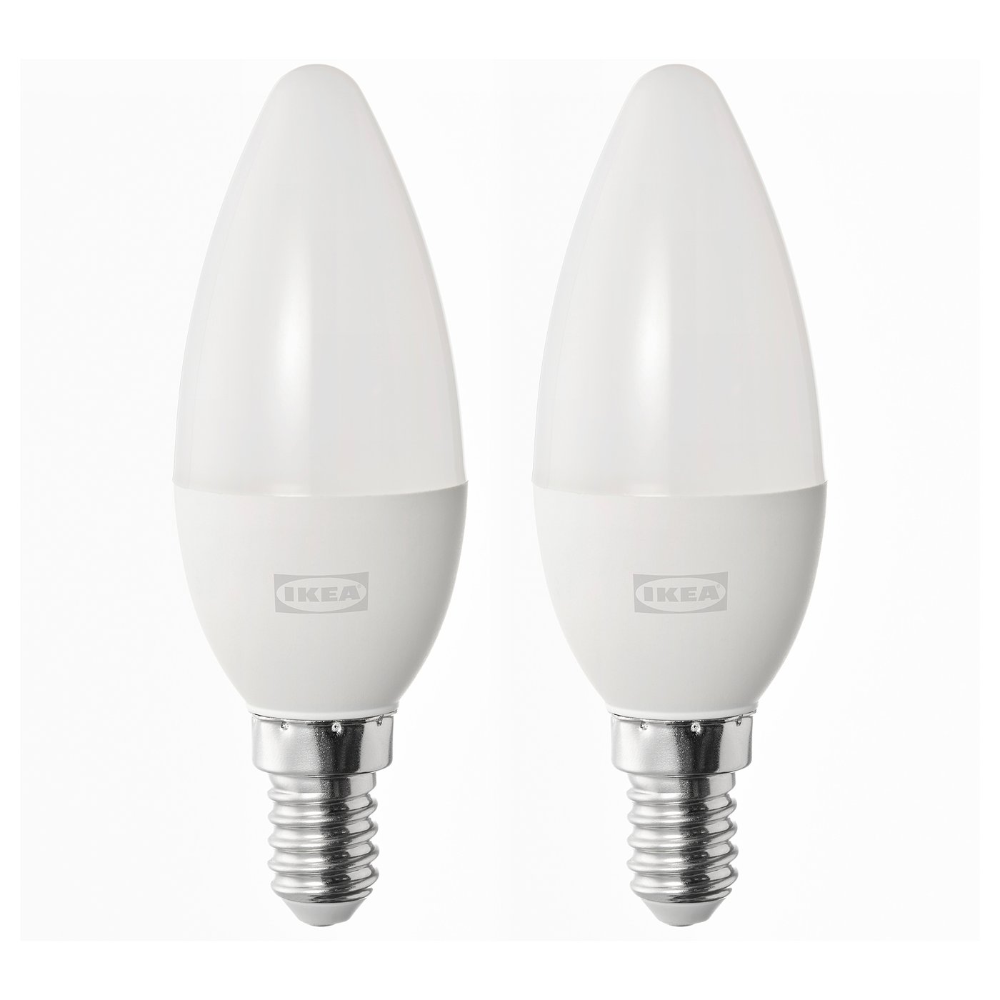 Zwei ikea SOLHETTA LED-Lampen, weiß, tropfenförmig, nebeneinander stehend.