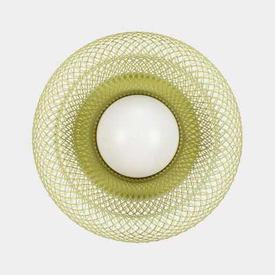 Eine gelbe SOLVINDEN Leuchte mit Netzschirm, rundem Sockel und modernem Design.