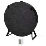 Schwarzer ikea STARKVIND Luftreiniger mit dreieckigem Standfuß und kleinem weißen Sensor.