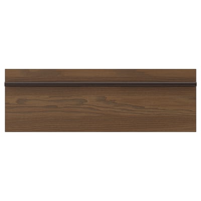 STENSTA Küchenschrankplatte aus dunkelbraunem Eschenfurnier mit breitem Griff aus massivem Holz.