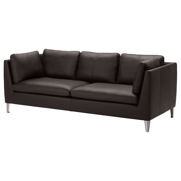STOCKHOLM schwarzes Ledersofa, schlankes Design mit Metallbeinen, drei gepolsterte Sitze.