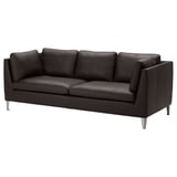 STOCKHOLM schwarzes Ledersofa, schlankes Design mit Metallbeinen, drei gepolsterte Sitze.