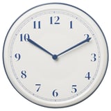 Blaue klassische Wanduhr mit weißem Zifferblatt und Zahlen, runder Form, leisem Quarzwerk.