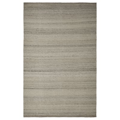 Ein TIDTABELL Teppich, grau, flachgewebt aus Wolle und Baumwolle, rechteckig mit gestreiftem Design.
