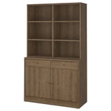 Ein TONSTAD-Aufbewahrungsschrank aus dunklem Holz mit geschlossenen Schränken, offenen Regalen, Eichenfurnier und Soft-Close-Mechanismus.