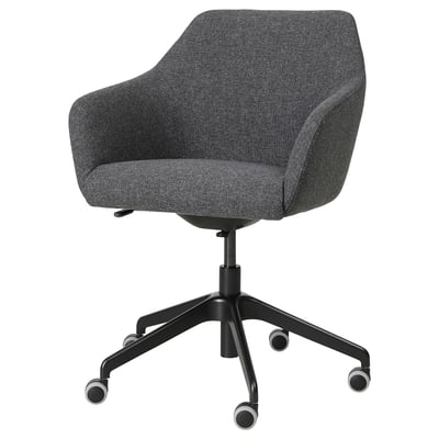 TOSSBERG Stuhl: grau, weicher Stoff, gepolstert, schwarzes Drehgestell, fünf Rollen, ergonomisches Design.