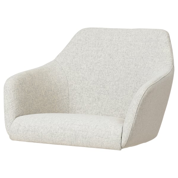 Ein TOSSBERG-Sessel in Beige mit geschwungenem Design und weicher, gepolsterter Sitzfläche und Rückenlehne.