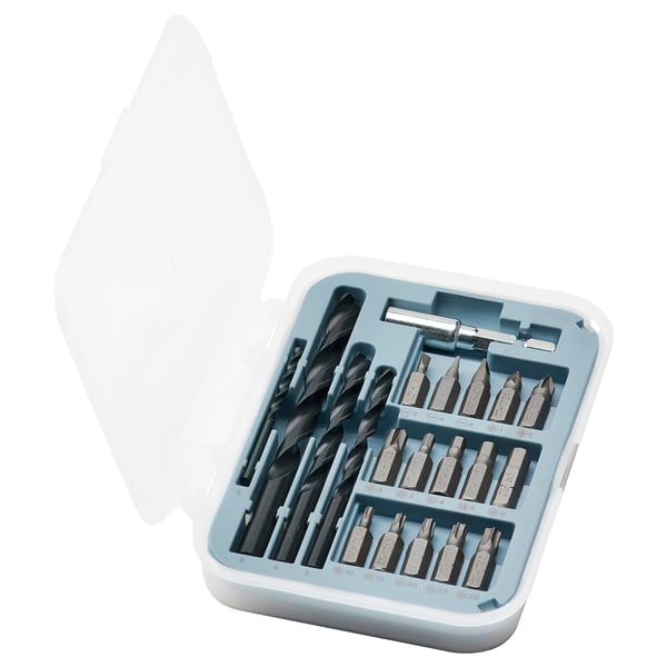TRIXIG-Werkzeugkasten: blaues Etui mit weißem Deckel, das 3 Sätze Bits für Heimwerkerarbeiten enthält.